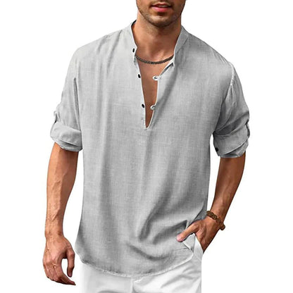 Men's Shirt - Stand Collar - Breathable Fabric - Relaxed Fit - Rolled-Up Sleeves