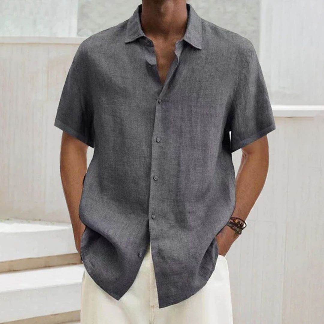 Men's Shirt – Short Sleeve Linen Blend – Regular Fit – Classic Collar – Button Closure