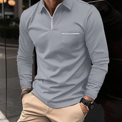Men's Polo Shirt - Long Sleeve with Zipper Collar - Slim Fit - Chest Pocket