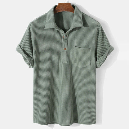Men's Shirt Polo – Textured Waffle Knit – Chest Pocket – Short Sleeves – Casual Fit