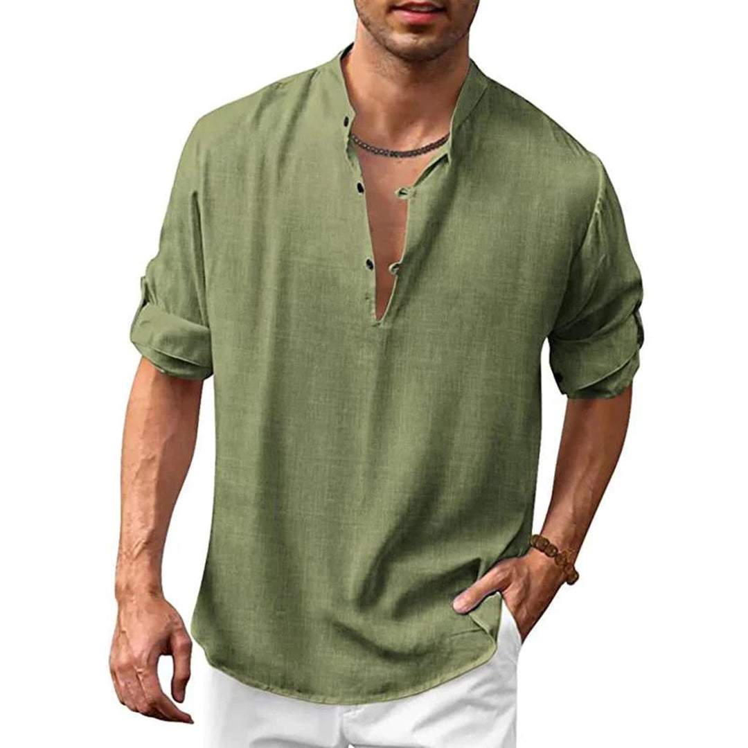 Men's Shirt - Stand Collar - Breathable Fabric - Relaxed Fit - Rolled-Up Sleeves