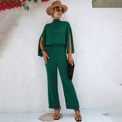 Women's jumpsuit – relaxed fit – breathable fabric – high neck – ruffle sleeves