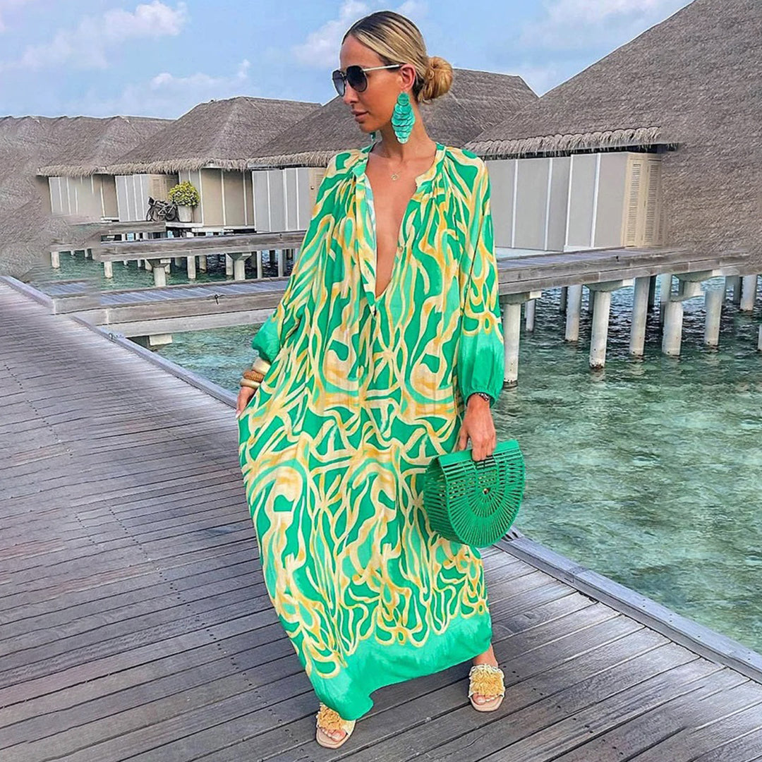 Women's Caftan – Loose Fit – Deep V-neck – Long Sleeves – Light and Elegant