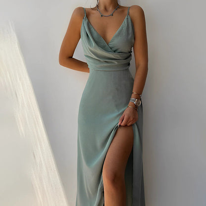 Dress for Women – Satin – Slim Fit – Deep Neckline – High Slit – Wrap Bodice – Floor Length
