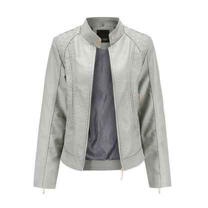 Women's Leather Jacket – Slim Fit – Quilted Shoulders – Stand Collar – Zipper Pockets