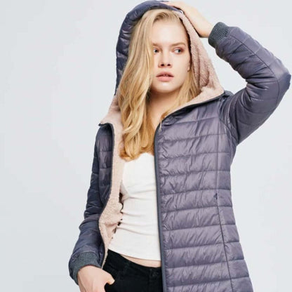 Women's Padded Jacket – Lightweight and Insulated – Mid-Thigh Length – High Collar – Zipper Closure