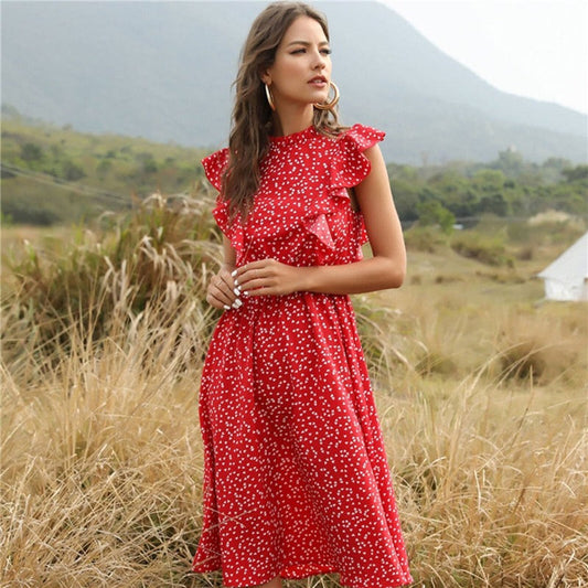 Dress for Women - A-line Fit - Sleeveless with Ruffles - Polka Dot Pattern