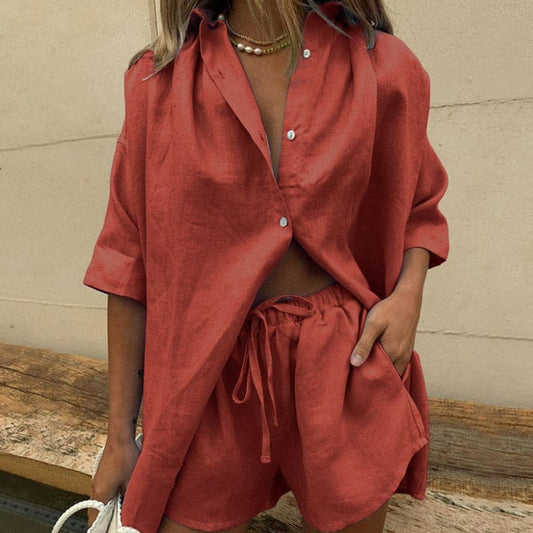 Women's Two-Piece Set - Oversized Shirt & Shorts - Soft Cotton - Relaxed Fit