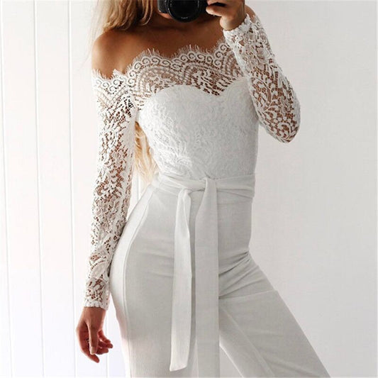 Women's jumpsuit – Slim fit – Off shoulder lace – Long sleeves – Waist belt