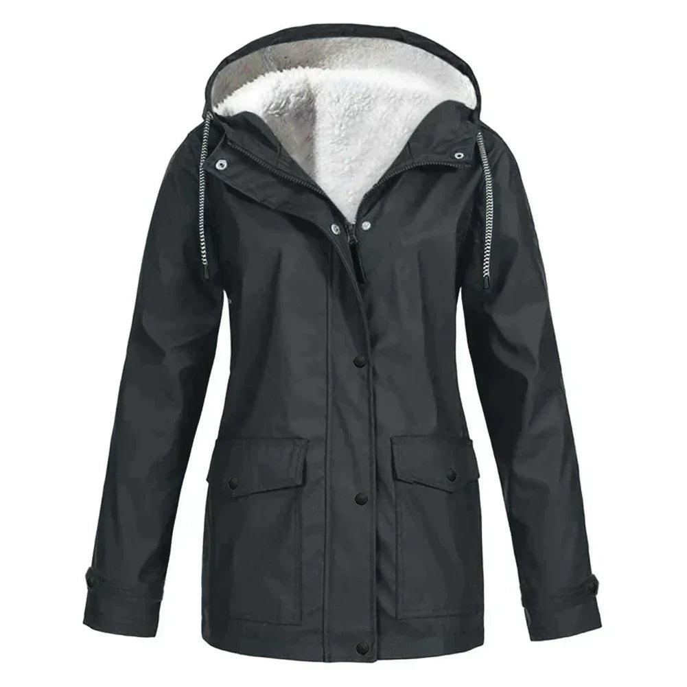 Women's Rain Jacket – Water-Repellent – Fleece-Lined – Relaxed Fit – Mid-Length – Hood