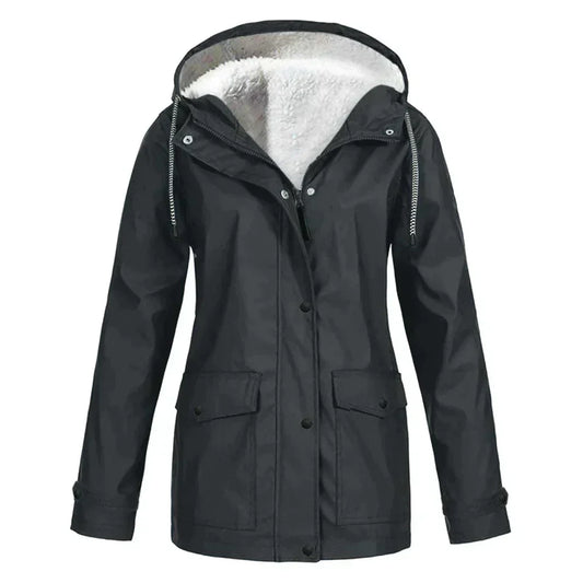Women's Rain Jacket – Water-Repellent – Fleece-Lined – Relaxed Fit – Mid-Length – Hood