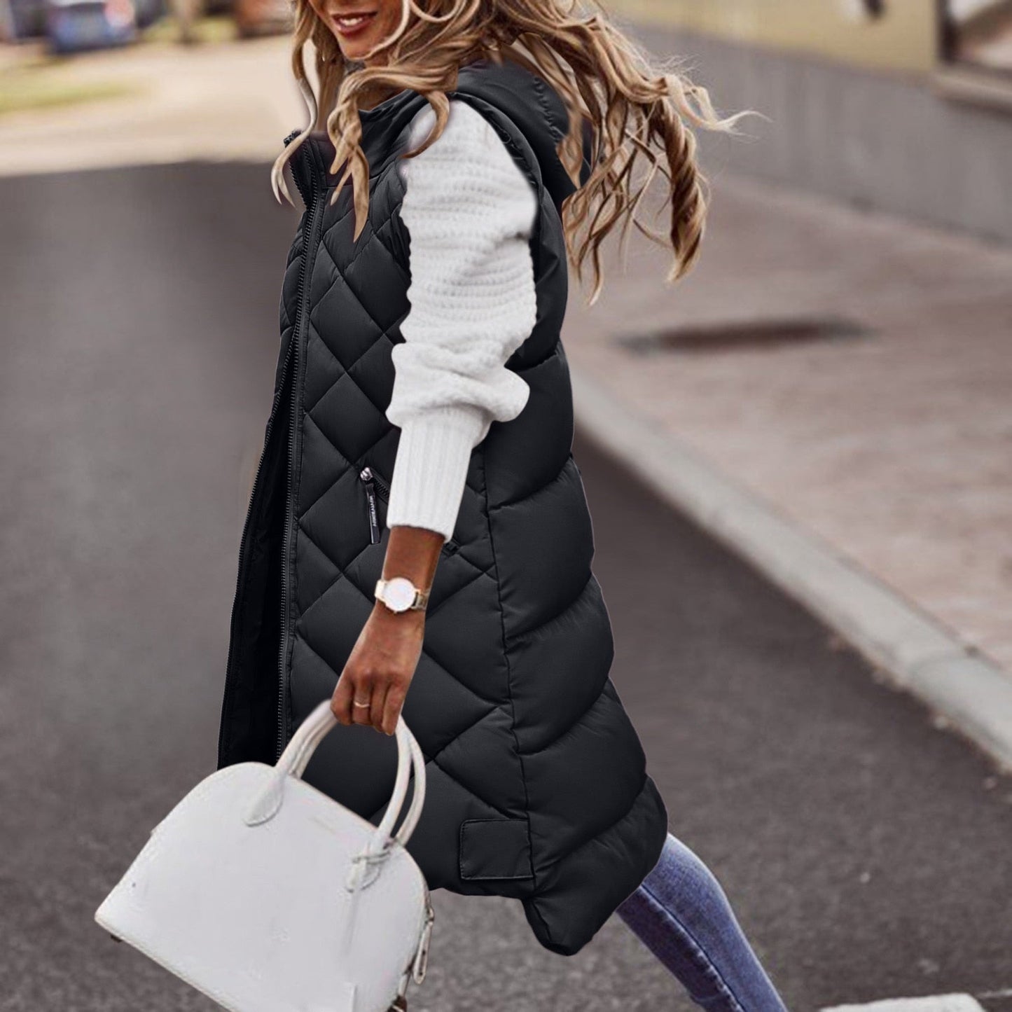Women's Vest – Padded Long Model – Hood – Zipper – Relaxed Fit