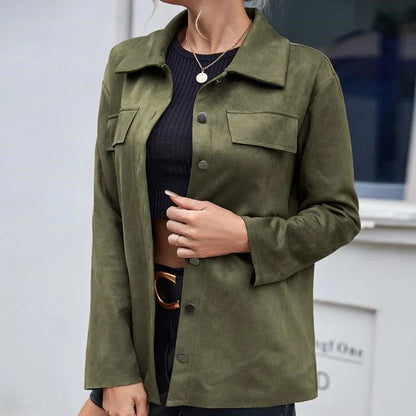 Women's Jacket – Suede Look – Relaxed Fit – Buttons – Shirt Collar – Chest Pockets