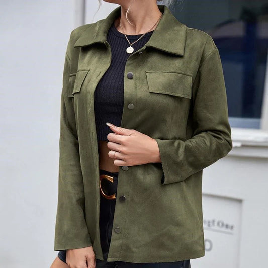 Women's Jacket – Suede Look – Relaxed Fit – Buttons – Shirt Collar – Chest Pockets