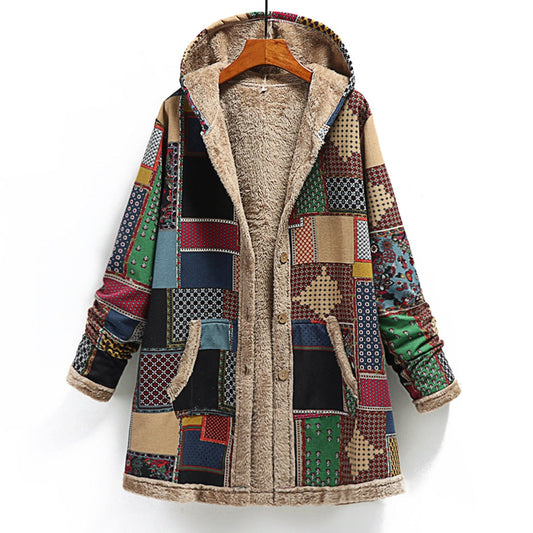 Women's Hooded Coat – Patchwork Design – Lined with Soft Sherpa – Buttons and Pockets