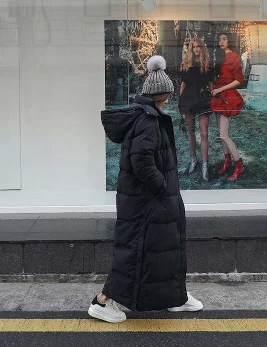 Women's Long Down Jacket - Padded Warm Puffer - Hood and Zipper - Loose Fit