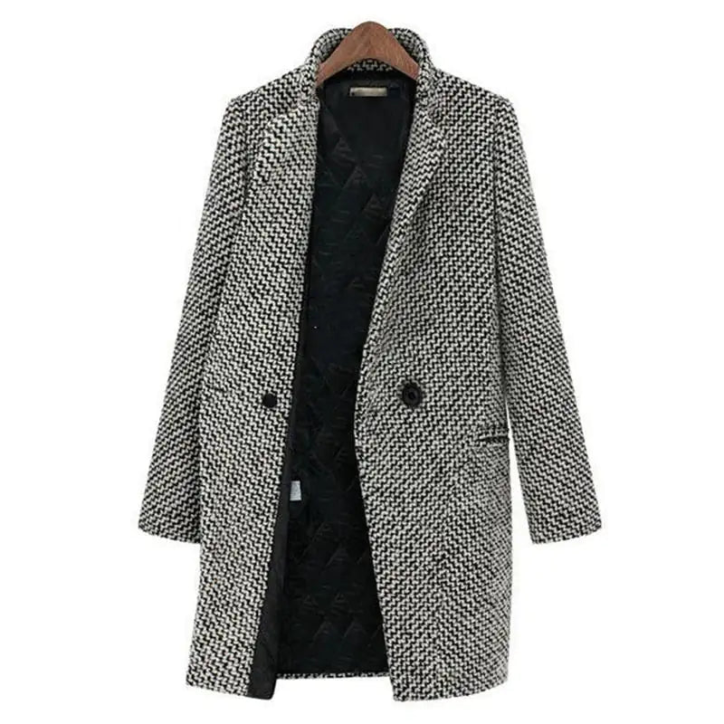 Women's Houndstooth Coat - Wool Blend - Classic Cut - Midi Length - Button Closure