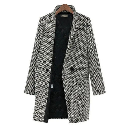 Women's Houndstooth Coat - Wool Blend - Classic Cut - Midi Length - Button Closure