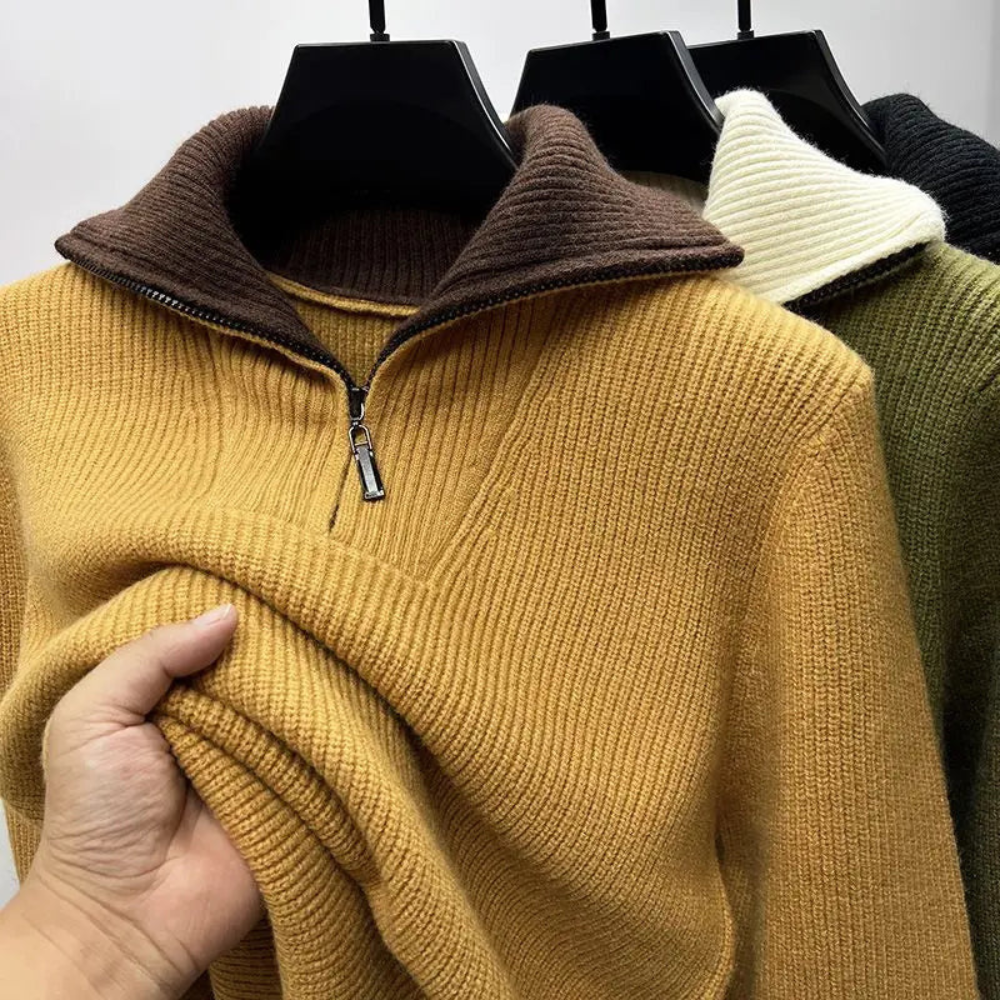 Men's Sweater – Relaxed Fit – Ribbed Knit Wool – High Neck with Zipper