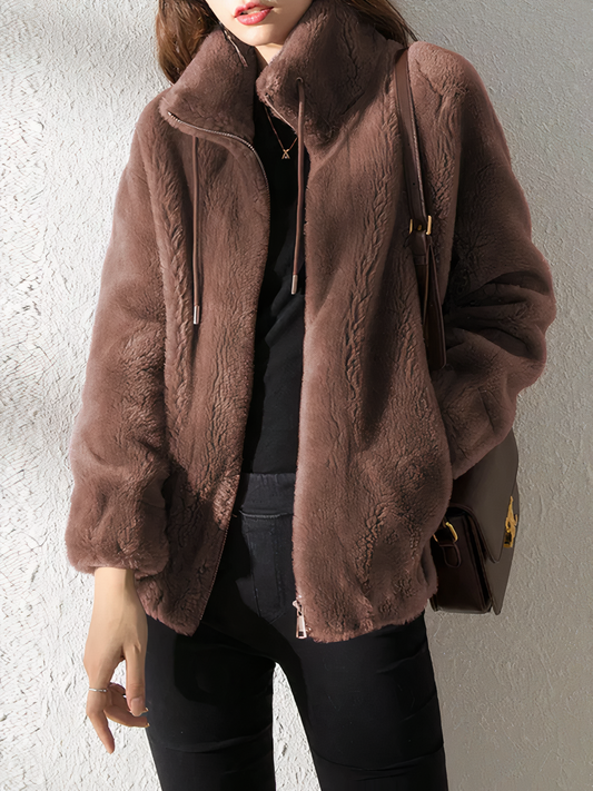 Women's Teddy Fleece Jacket - Soft Faux Fur - High Collar - Zipper - Relaxed Fit