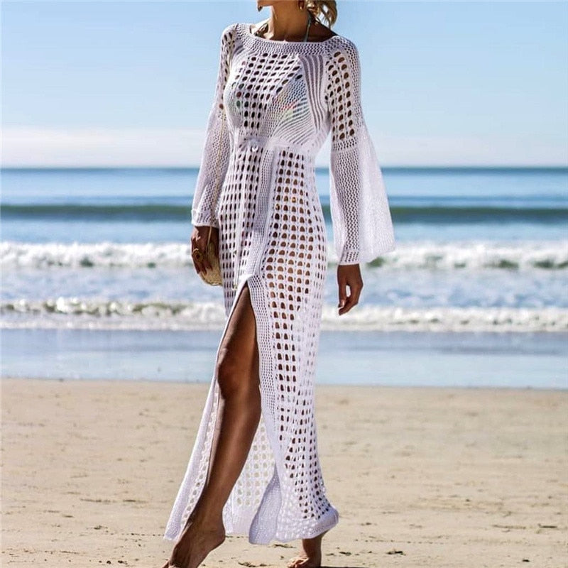 Dress for Women – Knitted Beach Dress – Loose Fit – Long Sleeved – High Slit