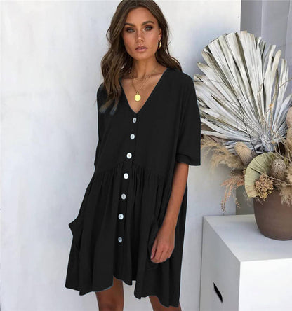 Women's Dress - Comfortable A-Line Fit - V-Neck - Short Sleeves - Button Details - With Pockets