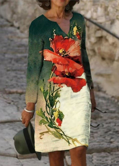 Women's Dress - Floral Cotton - V-neck - Short Sleeve - Straight Fit - Airy and Comfortable