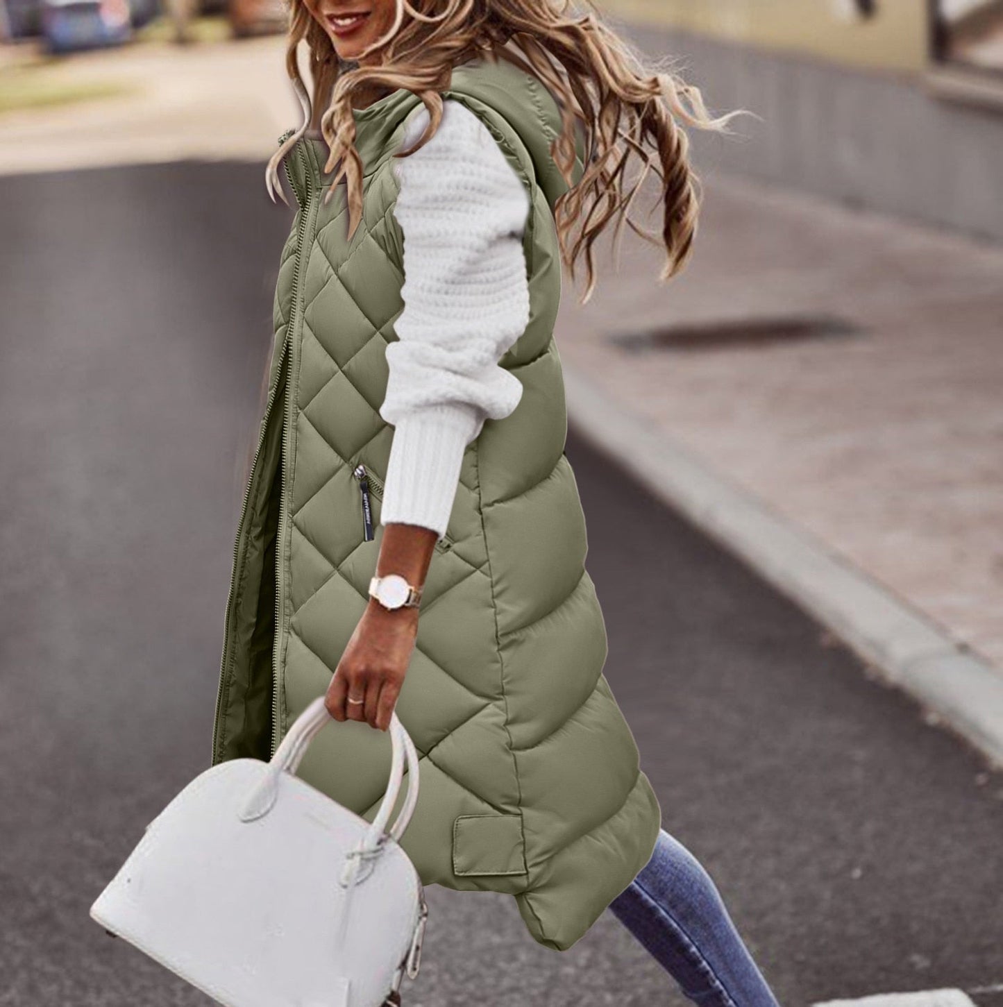 Women's Vest – Padded Long Model – Hood – Zipper – Relaxed Fit
