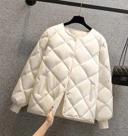 Women's Quilted Jacket – Diamond Pattern – Round Neck – Snap Button Closure – Ribbed Cuffs