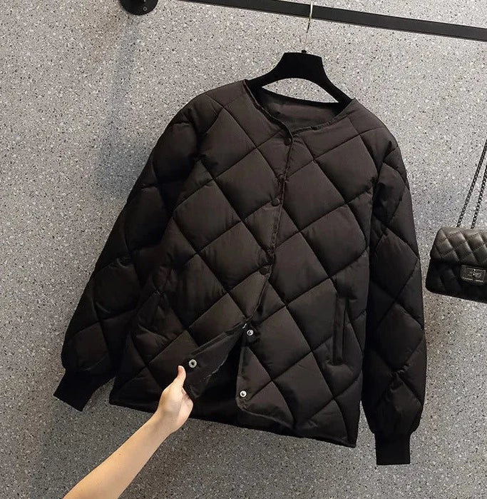 Women's Quilted Jacket – Diamond Pattern – Round Neck – Snap Button Closure – Ribbed Cuffs
