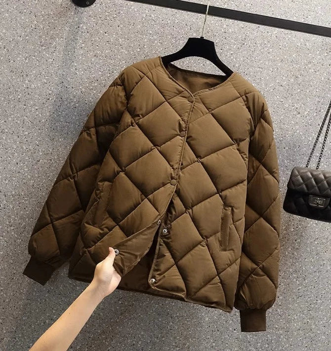 Women's Quilted Jacket – Diamond Pattern – Round Neck – Snap Button Closure – Ribbed Cuffs