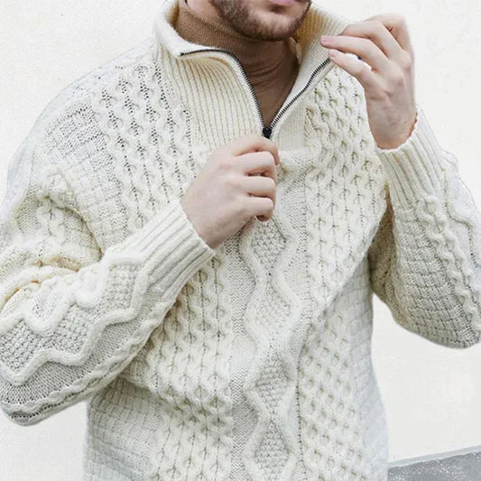 Men's Sweater – Wool Blend – Regular Fit – Half-Zip with Cable Knit Pattern