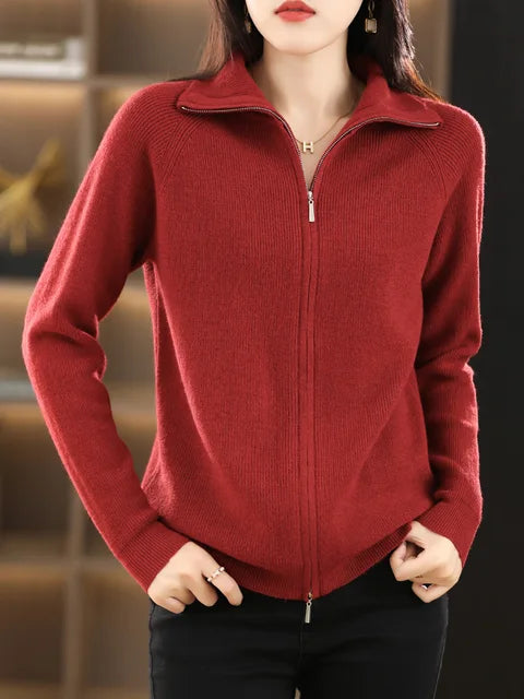 Women's Knitted Sweater - Wool Blend - High Collar with Zipper - Long-Sleeved Comfortable Fit