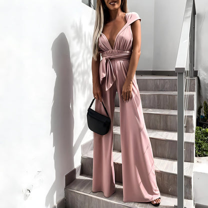 Women's Jumpsuit – Sleeveless – Deep V-neck – Wide Legs – Adjustable Waist – Airy Fabric