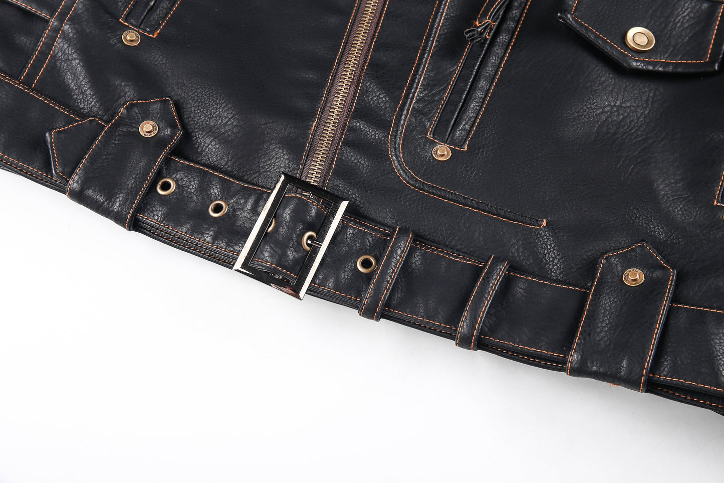 Herre Skinnjakke – Bikerstil – Asymmetrisk Glidelås – Belte i Midjen – Flere Lommer