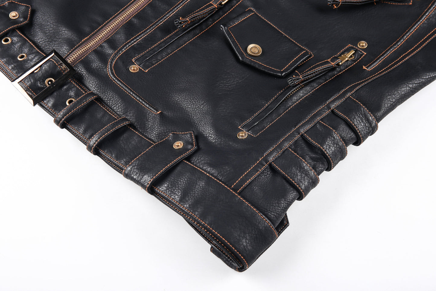 Herre Skinnjakke – Bikerstil – Asymmetrisk Glidelås – Belte i Midjen – Flere Lommer