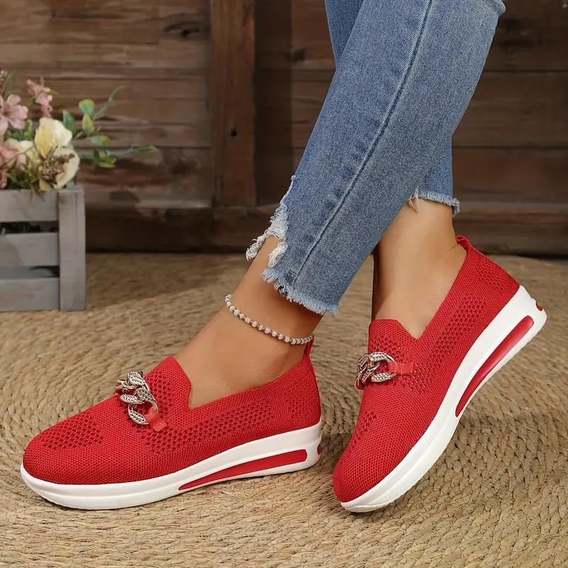Women's Loafers – Soft Knit – Slip-on – Decorative Chain – Comfortable Style