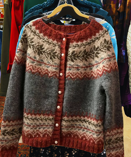 Women's Knitted Cardigan - Wool Blend - Nordic Pattern - Button Placket - Comfortable Fit