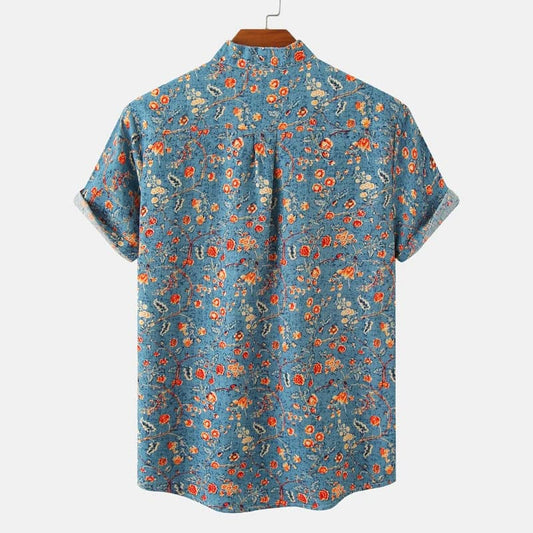 Herreskjorte - Kortermet Button-Up - Blomsterprint - Avslappet Passform - Pustende Stoff