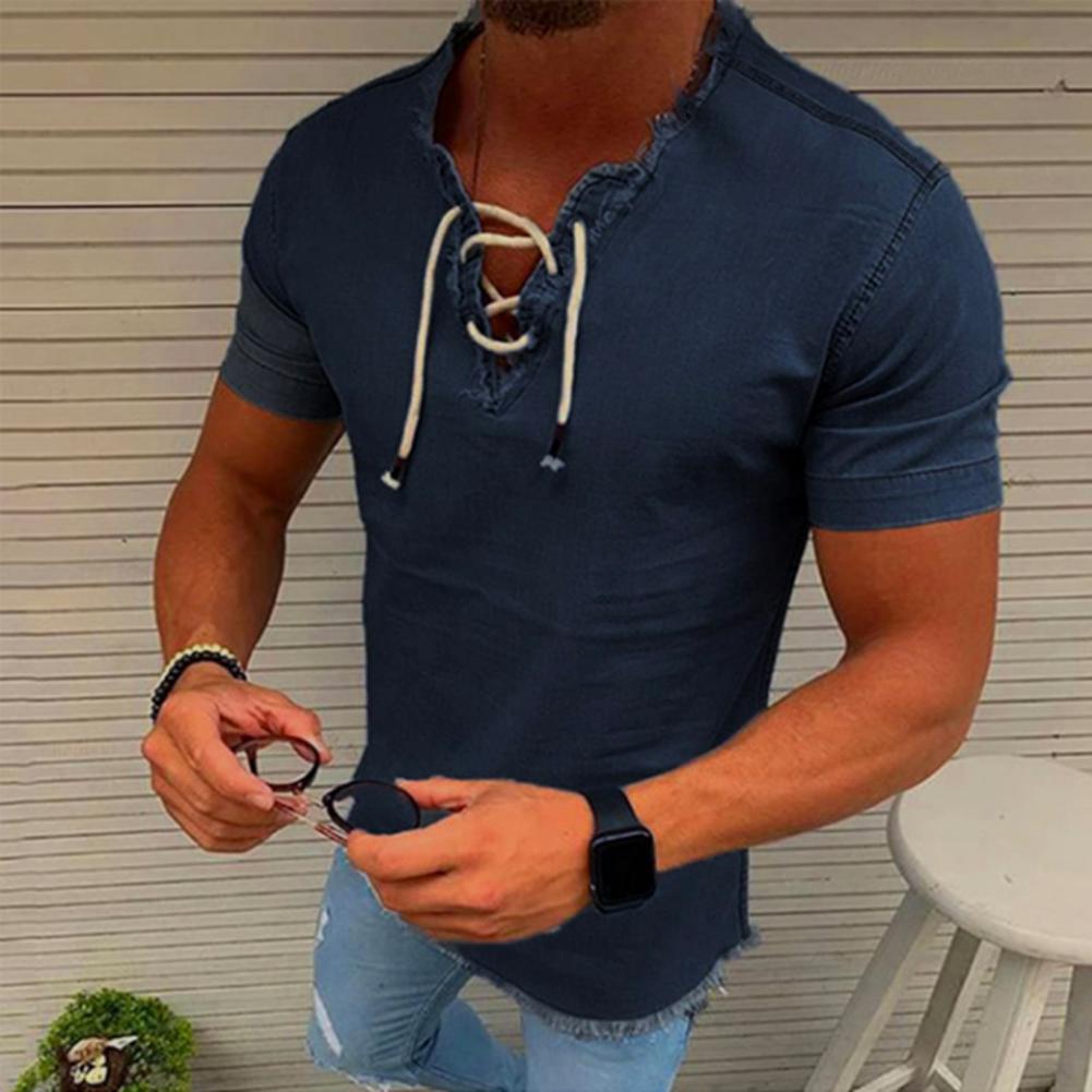 Men's T-shirt - Lace-up V-neck - Lightweight Denim - Short Sleeve Casual Fit