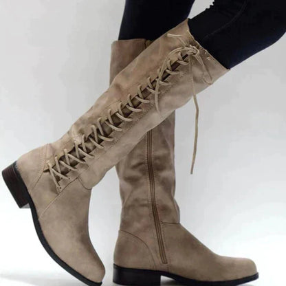 Women's Knee-High Boots – Lacing – Zipper – Flat Sole – Slim Fit