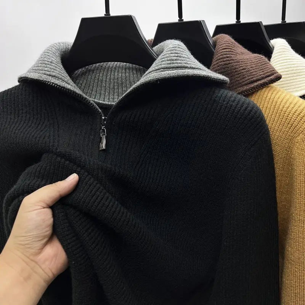 Men's Sweater – Relaxed Fit – Ribbed Knit Wool – High Neck with Zipper