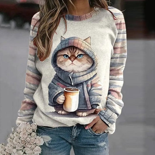Women's Sweater – Relaxed Fit – Cotton Knit – Raglan Sleeves – Cat Print