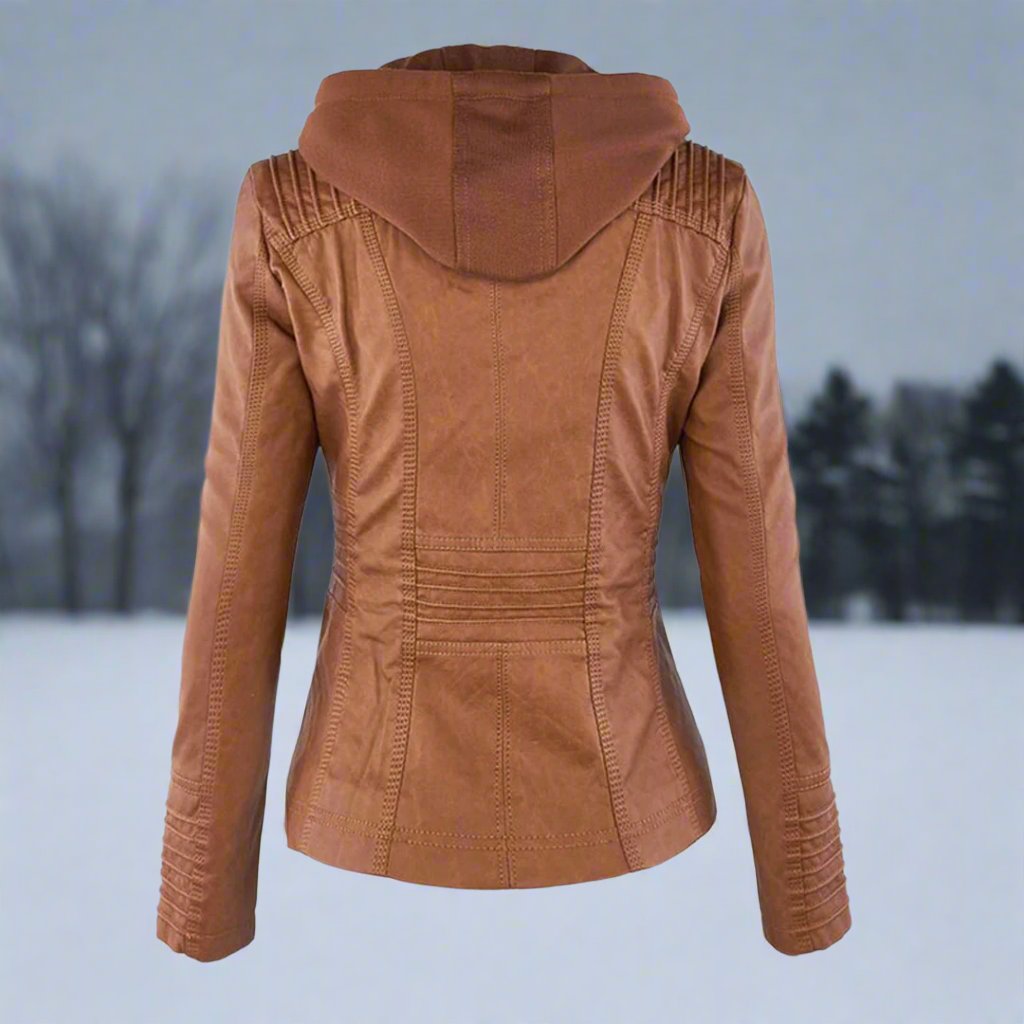 Dame Bikerjakke – Imitert Skinn – Slim Fit – Hette med Snøring – Glidelåslommer