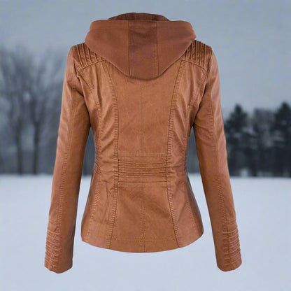 Dame Bikerjakke – Imitert Skinn – Slim Fit – Hette med Snøring – Glidelåslommer