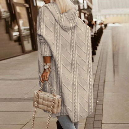 Women's Coat – Knitted Material – Hood – Oversized Fit – Cable Pattern – Long Sleeves – Pockets