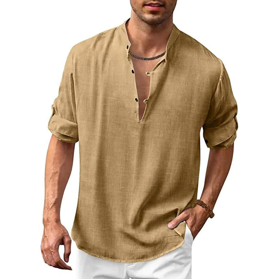 Men's Shirt - Stand Collar - Breathable Fabric - Relaxed Fit - Rolled-Up Sleeves
