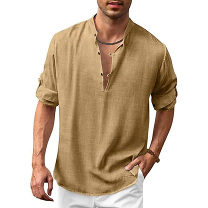 Men's Shirt - Stand Collar - Breathable Fabric - Relaxed Fit - Rolled-Up Sleeves