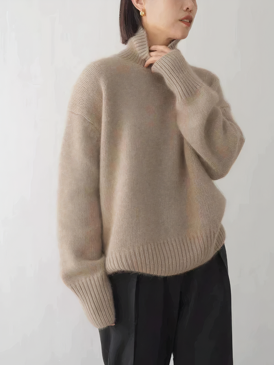 Women's Knitted Sweater - Oversized Fit - High Neck - Soft Wool Blend - Ribbed Edge
