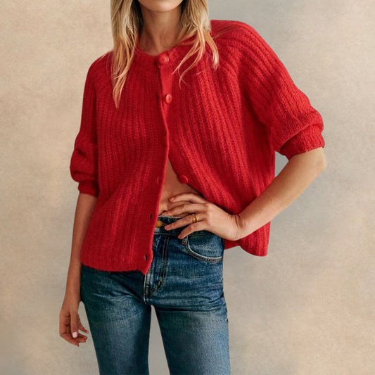 Lucia Relaxed Fit Cardigan | Crewneck Button Front Cardigan